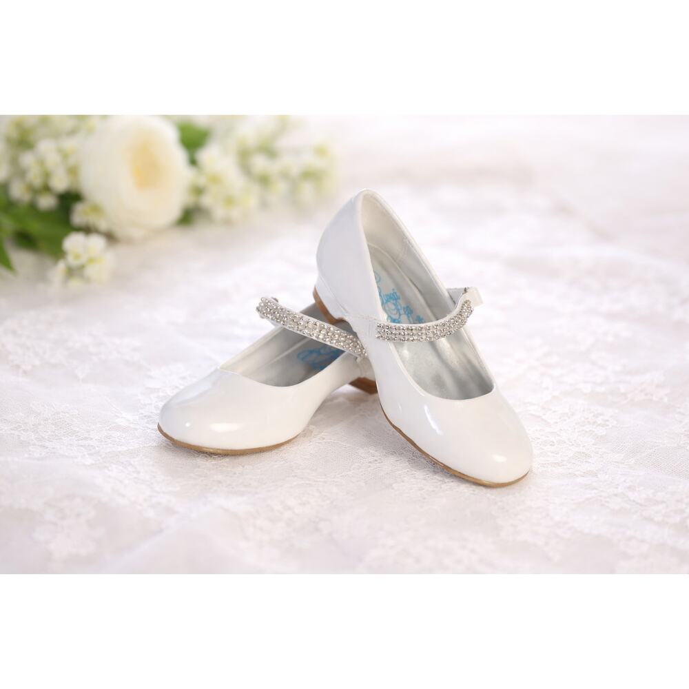 NEW Girl's Communion Dress Shoe-White/Patent Flat Shoe-Rhinestone Strap-Size 10T